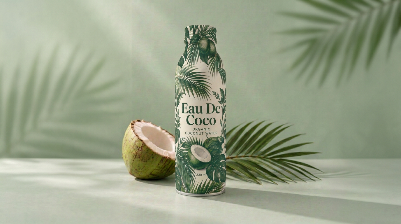Eau De Coco botanical aluminum bottle with a fresh coconut and palm leaves